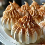 ['Close-up of intricately piped meringue pumpkins in vibrant orange and green.', 'Side view of delicate pumpkin-shaped meringues with detailed leaves and stems.', 'Juicy pumpkin spice meringues showing texture and color variations in a detailed arrangement.', 'Brightly colored meringues resembling miniature pumpkins with artistic piping.']