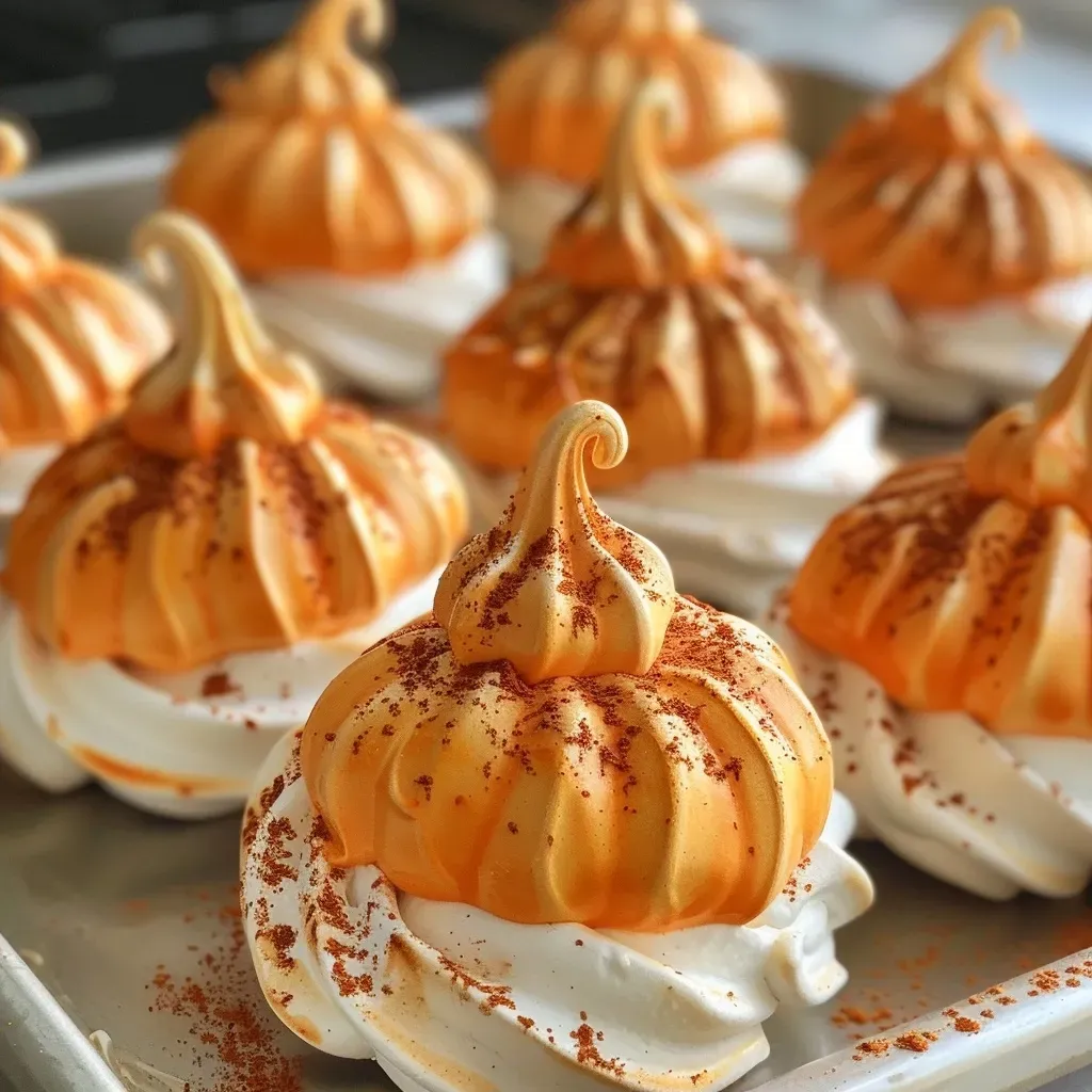 ['Close-up of intricately piped meringue pumpkins in vibrant orange and green.', 'Side view of delicate pumpkin-shaped meringues with detailed leaves and stems.', 'Juicy pumpkin spice meringues showing texture and color variations in a detailed arrangement.', 'Brightly colored meringues resembling miniature pumpkins with artistic piping.']