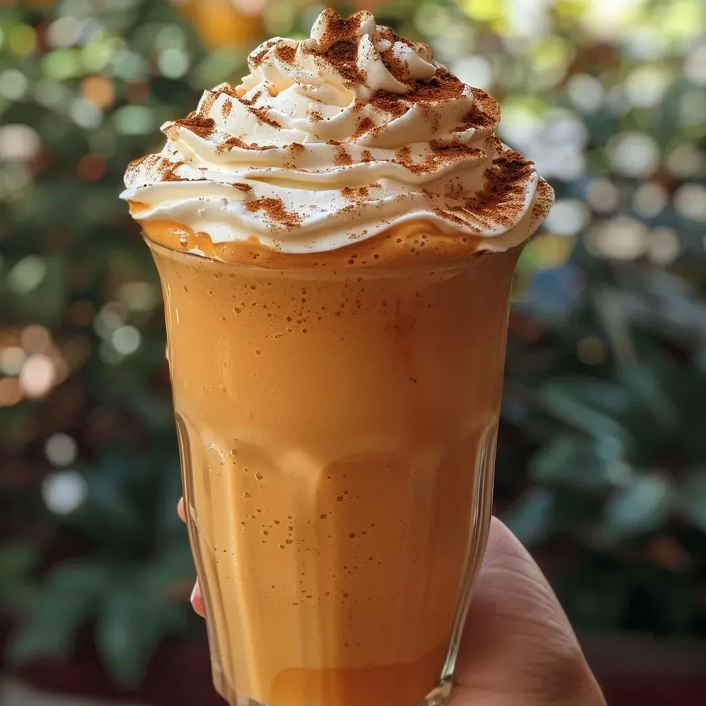 ['A creamy pumpkin spice milkshake with whipped cream and a sprinkle of cinnamon in a glass.', 'Side view of a pumpkin spice milkshake topped with fluffy whipped cream and a dusting of cinnamon.', 'Close-up of a delicious autumn-inspired pumpkin spice milkshake served in a tall glass.', 'Rich pumpkin milkshake with ice cream and spices, topped with whipped cream and cinnamon.']