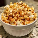['Close-up of a bowl filled with homemade pumpkin spice popcorn.', 'Side view of a delicious pumpkin spice popcorn with a sprinkle of spices.', 'Textured popcorn coated in pumpkin spice sitting in a white bowl.', 'Colorful, spiced popcorn in a bowl, showcasing its rich texture.']