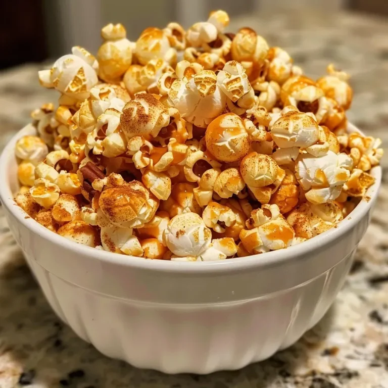 ['Close-up of a bowl filled with homemade pumpkin spice popcorn.', 'Side view of a delicious pumpkin spice popcorn with a sprinkle of spices.', 'Textured popcorn coated in pumpkin spice sitting in a white bowl.', 'Colorful, spiced popcorn in a bowl, showcasing its rich texture.']