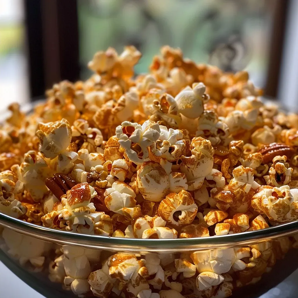 ['Close-up of a bowl filled with homemade pumpkin spice popcorn.', 'Side view of a delicious pumpkin spice popcorn with a sprinkle of spices.', 'Textured popcorn coated in pumpkin spice sitting in a white bowl.', 'Colorful, spiced popcorn in a bowl, showcasing its rich texture.']