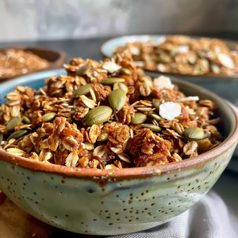 ['Close-up view of Pumpkin Spice Protein Granola in a bowl, highlighting pumpkin seeds and oats.', 'Side angle shot of crunchy Pumpkin Spice Protein Granola with spices and seeds visible.', 'Textured granola mix featuring pumpkin spices, oats, and seeds in a bowl.', 'Detailed close-up of golden-brown Pumpkin Spice Protein Granola with ingredients showing.']