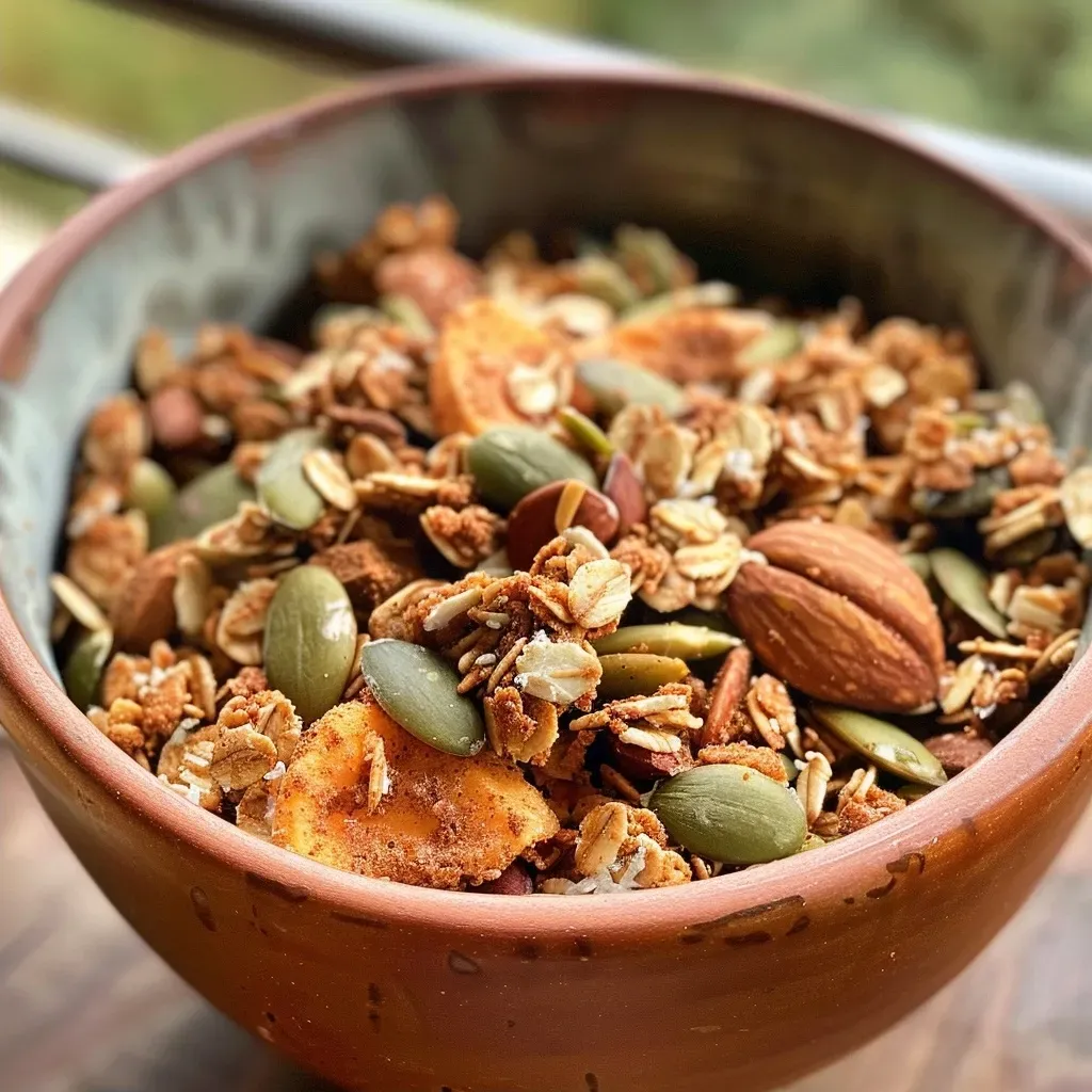 ['Close-up view of Pumpkin Spice Protein Granola in a bowl, highlighting pumpkin seeds and oats.', 'Side angle shot of crunchy Pumpkin Spice Protein Granola with spices and seeds visible.', 'Textured granola mix featuring pumpkin spices, oats, and seeds in a bowl.', 'Detailed close-up of golden-brown Pumpkin Spice Protein Granola with ingredients showing.']