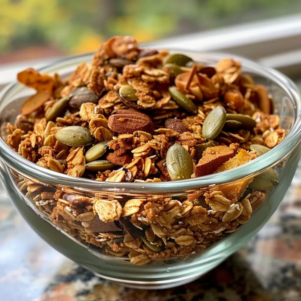 ['Close-up view of Pumpkin Spice Protein Granola in a bowl, highlighting pumpkin seeds and oats.', 'Side angle shot of crunchy Pumpkin Spice Protein Granola with spices and seeds visible.', 'Textured granola mix featuring pumpkin spices, oats, and seeds in a bowl.', 'Detailed close-up of golden-brown Pumpkin Spice Protein Granola with ingredients showing.']