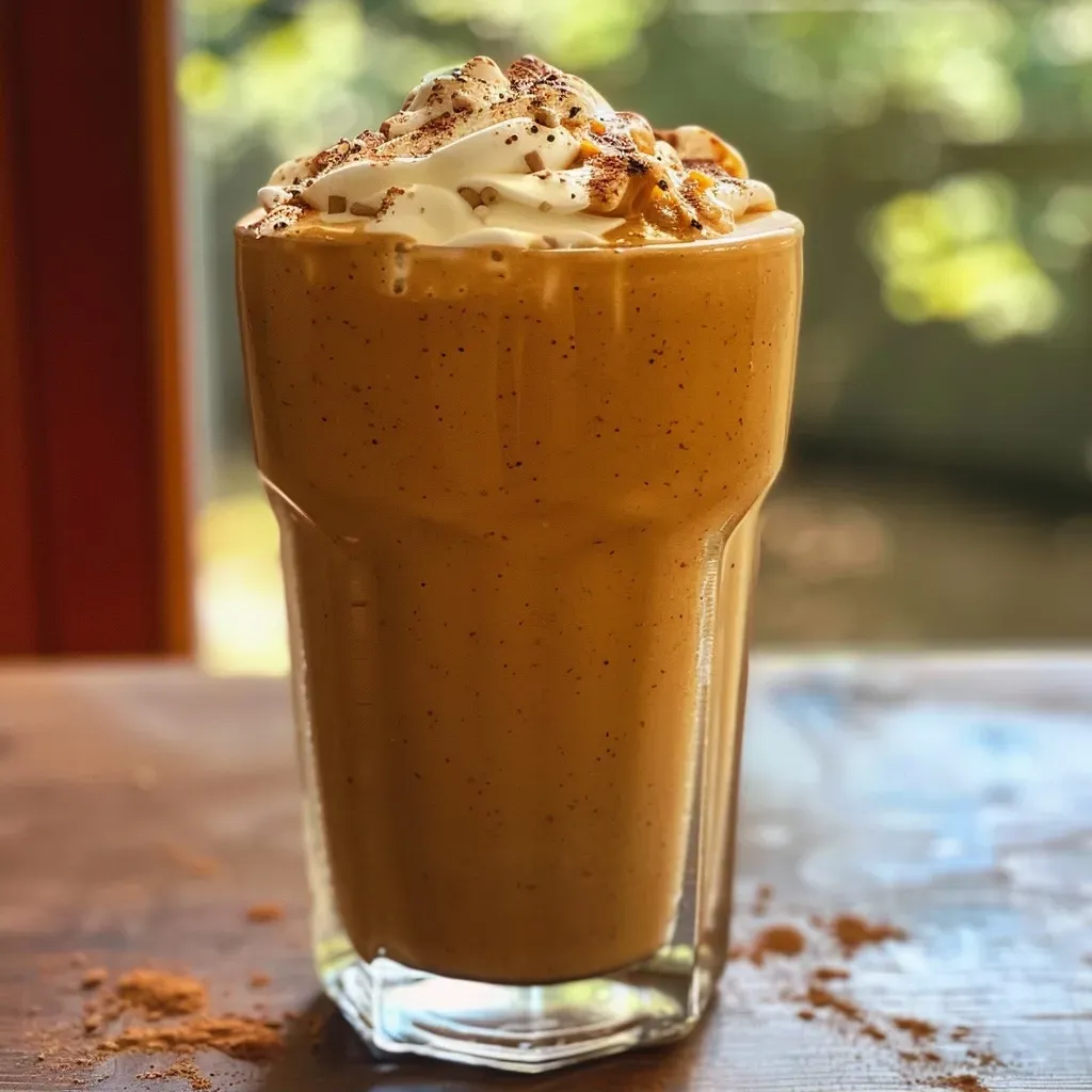 Close-up of a creamy pumpkin spice protein shake in a glass, topped with whipped cream and spice dust.