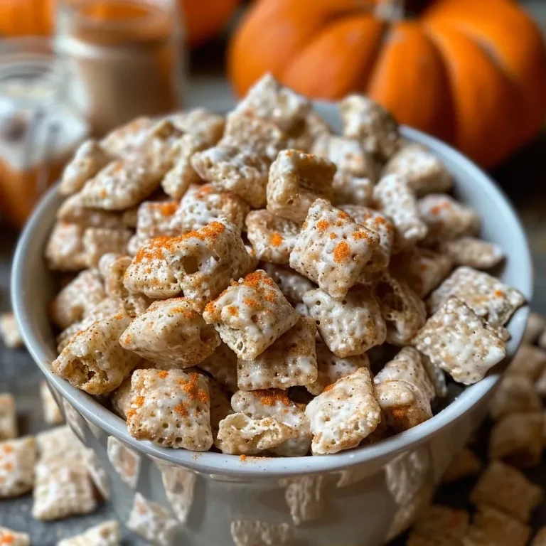 ['Close-up view of Pumpkin Spice Puppy Chow with a sprinkle of orange and white chocolate.', 'Side angle of a bowl filled with Pumpkin Spice Puppy Chow, showcasing the textures of the ingredients.', 'Detailed image of Pumpkin Spice Puppy Chow featuring Rice Chex cereal and colorful sprinkles.', 'Close-up of homemade Pumpkin Spice Puppy Chow, highlighting its creamy white chocolate coating.']