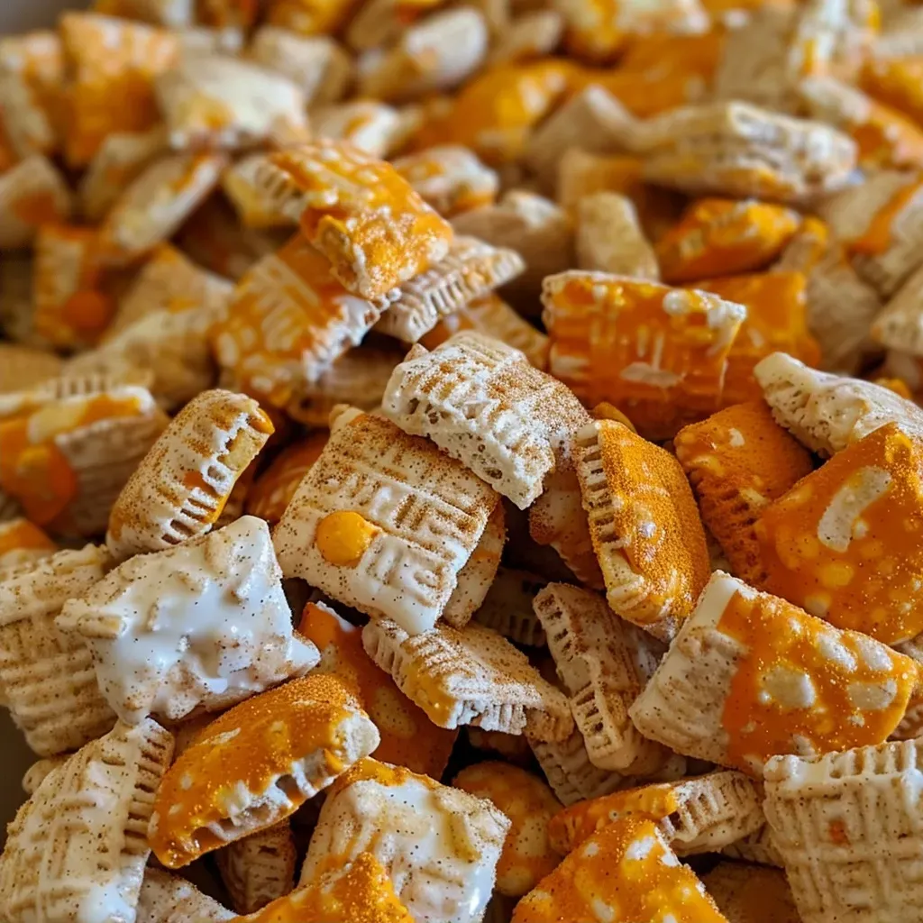 ['Close-up view of Pumpkin Spice Puppy Chow with a sprinkle of orange and white chocolate.', 'Side angle of a bowl filled with Pumpkin Spice Puppy Chow, showcasing the textures of the ingredients.', 'Detailed image of Pumpkin Spice Puppy Chow featuring Rice Chex cereal and colorful sprinkles.', 'Close-up of homemade Pumpkin Spice Puppy Chow, highlighting its creamy white chocolate coating.']