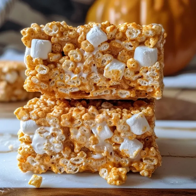 ['Close-up view of golden-brown Pumpkin Spice Rice Krispie Treats stacked on a plate.', 'Side angle of Pumpkin Spice Rice Krispie Treats, showcasing their gooey texture and colorful marshmallows.', 'Juicy Pumpkin Spice Rice Krispie Treats with a decorative drizzle of white chocolate.', 'A handful of Pumpkin Spice Rice Krispie Treats highlighted against a rustic wooden background.']