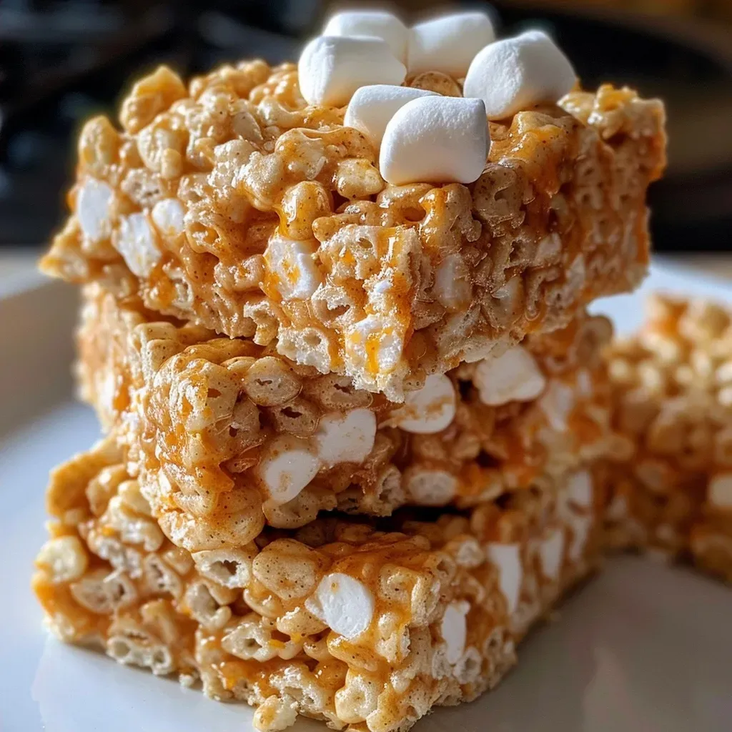['Close-up view of golden-brown Pumpkin Spice Rice Krispie Treats stacked on a plate.', 'Side angle of Pumpkin Spice Rice Krispie Treats, showcasing their gooey texture and colorful marshmallows.', 'Juicy Pumpkin Spice Rice Krispie Treats with a decorative drizzle of white chocolate.', 'A handful of Pumpkin Spice Rice Krispie Treats highlighted against a rustic wooden background.']