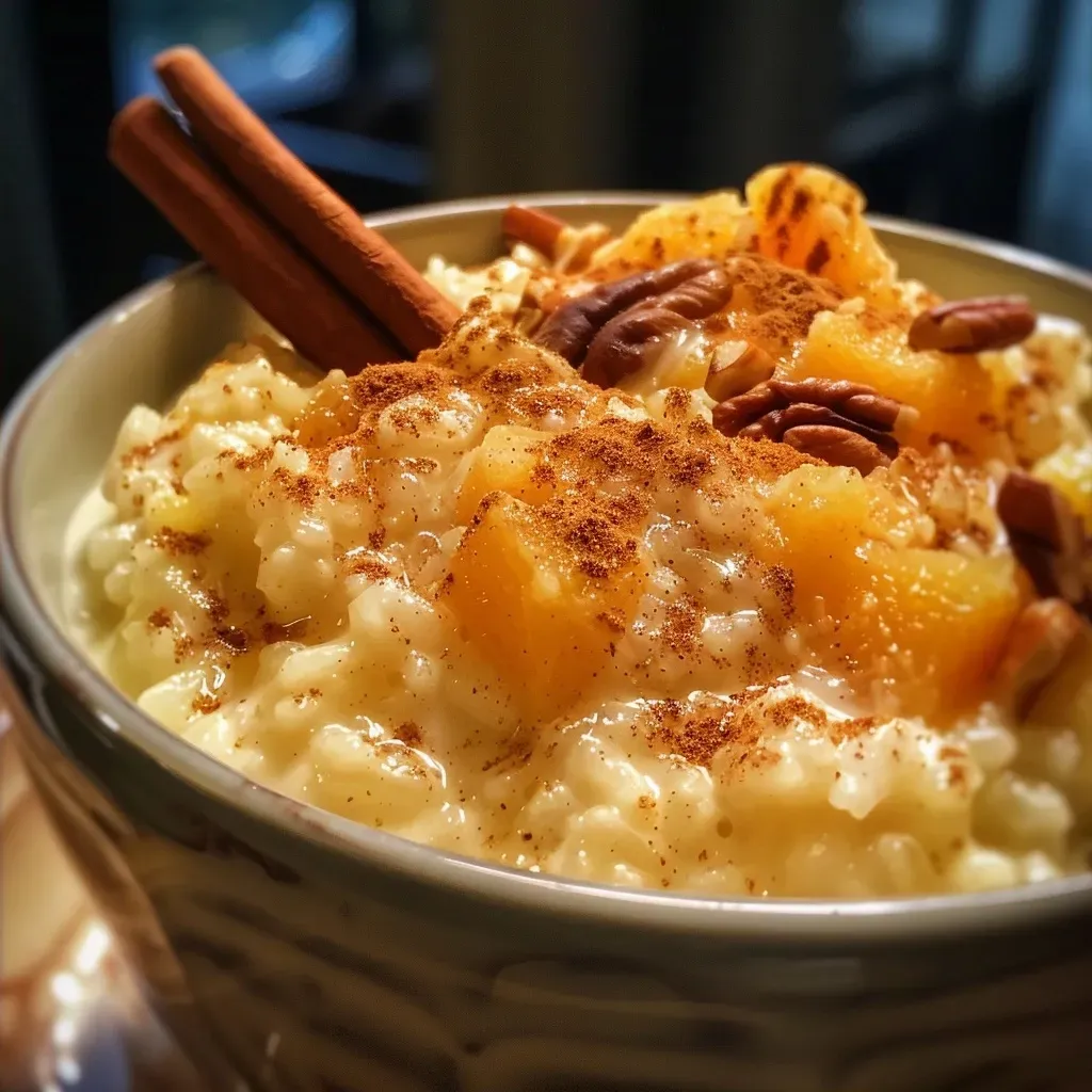 ['Close-up view of creamy pumpkin spice rice pudding in a bowl.', 'Side view of a comforting bowl of pumpkin spice rice pudding topped with pecans.', 'Delicious pumpkin spice rice pudding in a rustic bowl with golden raisins.', 'Creamy rice pudding infused with pumpkin spice and garnished with nuts.']
