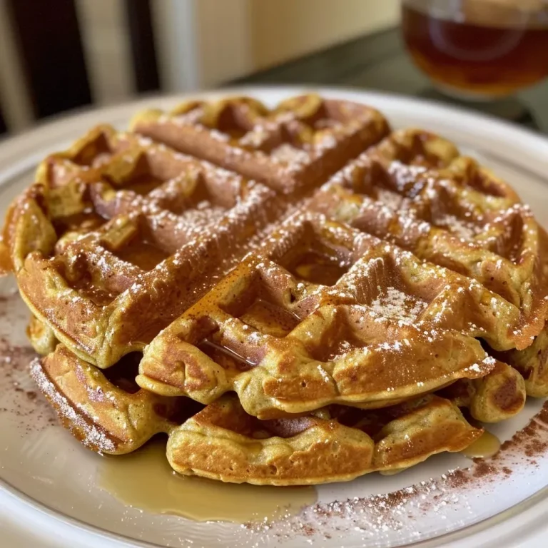 ['Close-up view of golden-brown pumpkin-spiced waffles stacked on a plate.', 'Side view of fluffy pumpkin waffles drizzled with syrup and topped with a dollop of whipped cream.', 'A serving of pumpkin-spiced waffles garnished with cinnamon and served on a rustic plate.', 'Delicious pumpkin waffles with a rich color, displayed with fall-themed decor.']
