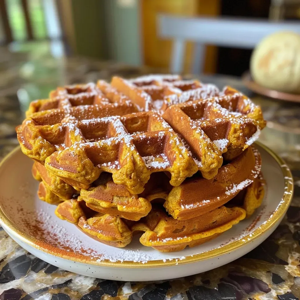 ['Close-up view of golden-brown pumpkin-spiced waffles stacked on a plate.', 'Side view of fluffy pumpkin waffles drizzled with syrup and topped with a dollop of whipped cream.', 'A serving of pumpkin-spiced waffles garnished with cinnamon and served on a rustic plate.', 'Delicious pumpkin waffles with a rich color, displayed with fall-themed decor.']
