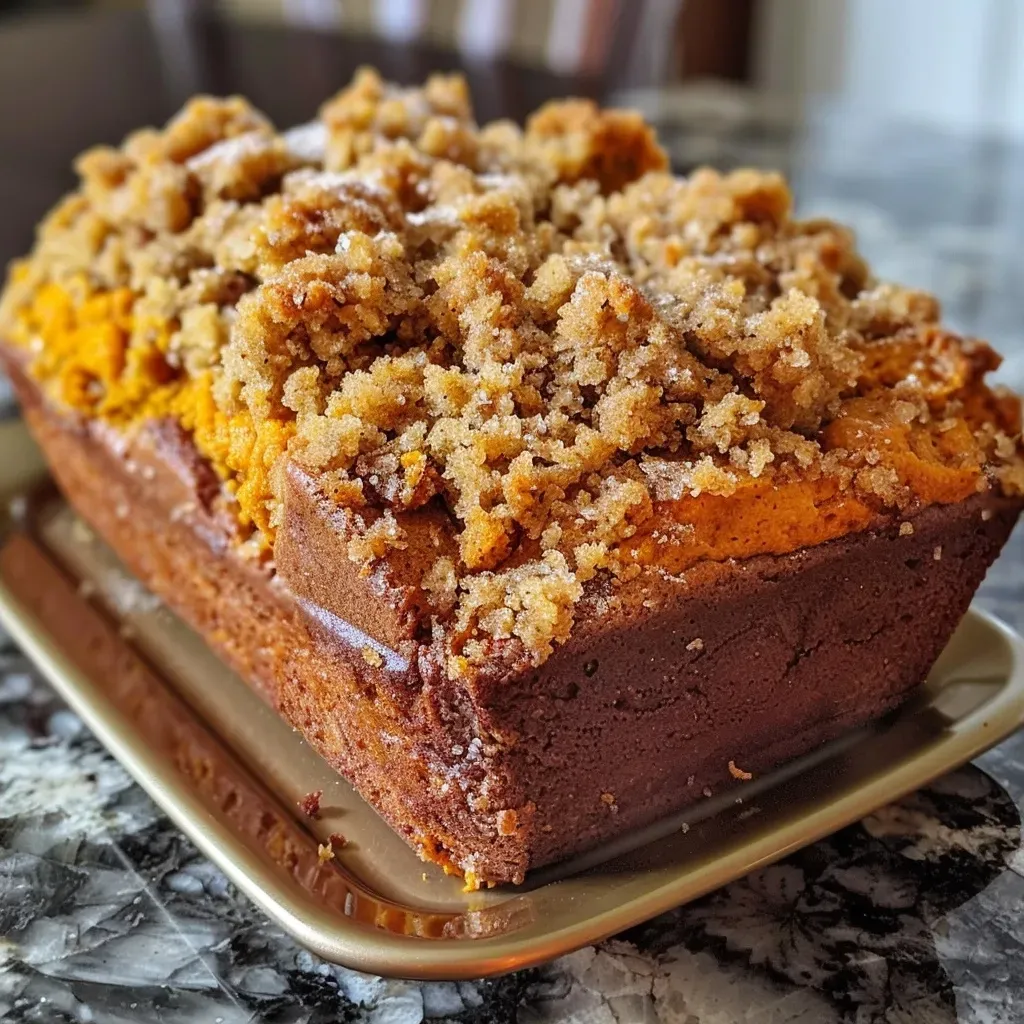 ['Close-up side view of moist Pumpkin Streusel Bread with a glossy browned butter glaze.', 'Detailed view of Pumpkin Streusel Bread showcasing its crumb and topping, with a shiny glaze.', 'Side angle of a slice of Pumpkin Streusel Bread, highlighting the streusel topping and glaze.', 'Close-up image of a slice of Pumpkin Streusel Bread drizzled with brown butter glaze.']