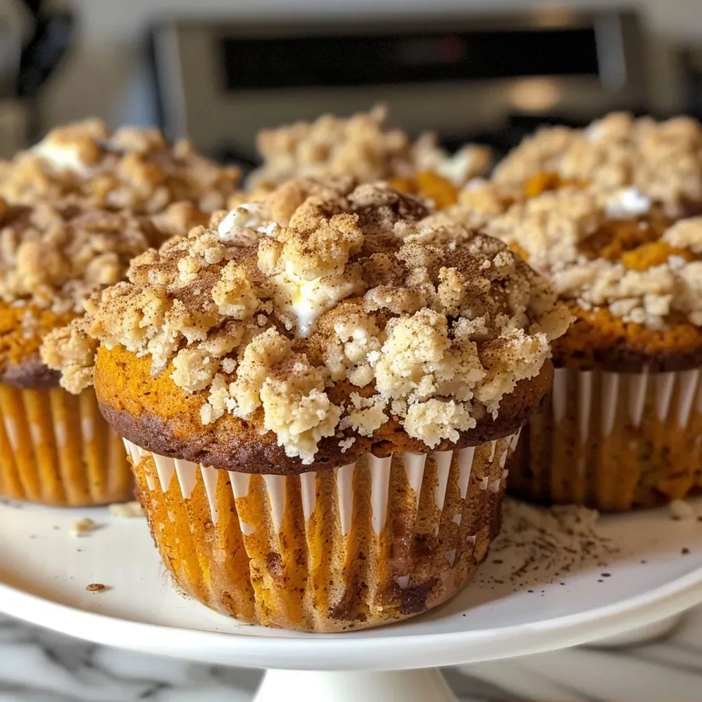 ['Side view of a freshly baked Pumpkin Streusel Muffin topped with a crumbly streusel.', 'Close-up image showcasing a fluffy Pumpkin Streusel Muffin with a rich, golden color and streusel topping.', 'Appetizing side angle of a warm Pumpkin Streusel Muffin with a deliciously sweet topping.', 'Delicious Pumpkin Streusel Muffin displayed from the side, highlighting its creamy texture and topping.']