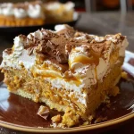 ['Close-up side view of a Pumpkin Toffee Poke Cake topped with caramel sauce.', 'A slice of Pumpkin Toffee Poke Cake showcasing its creamy layers and toffee bits.', 'Rich Pumpkin Toffee Poke Cake displayed with a drizzle of caramel sauce on top.', 'Side view of a moist Pumpkin Toffee Poke Cake revealing its delicious ingredients.']