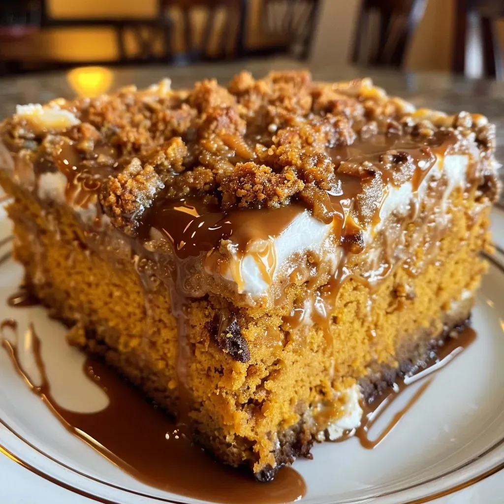 ['Close-up side view of a Pumpkin Toffee Poke Cake topped with caramel sauce.', 'A slice of Pumpkin Toffee Poke Cake showcasing its creamy layers and toffee bits.', 'Rich Pumpkin Toffee Poke Cake displayed with a drizzle of caramel sauce on top.', 'Side view of a moist Pumpkin Toffee Poke Cake revealing its delicious ingredients.']