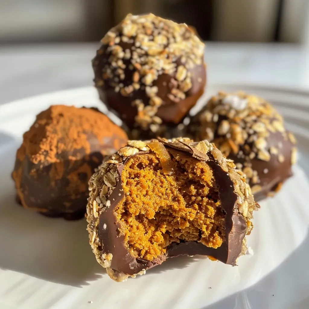 ['A close-up view of delicious pumpkin truffles coated in dark chocolate.', 'Side view of luscious pumpkin truffles with a smooth chocolate exterior and hints of pumpkin.', 'Close-up of gourmet pumpkin truffles highlighted by their rich chocolate glaze.', 'A delectable arrangement of pumpkin truffles showcasing a glossy dark chocolate coating.']