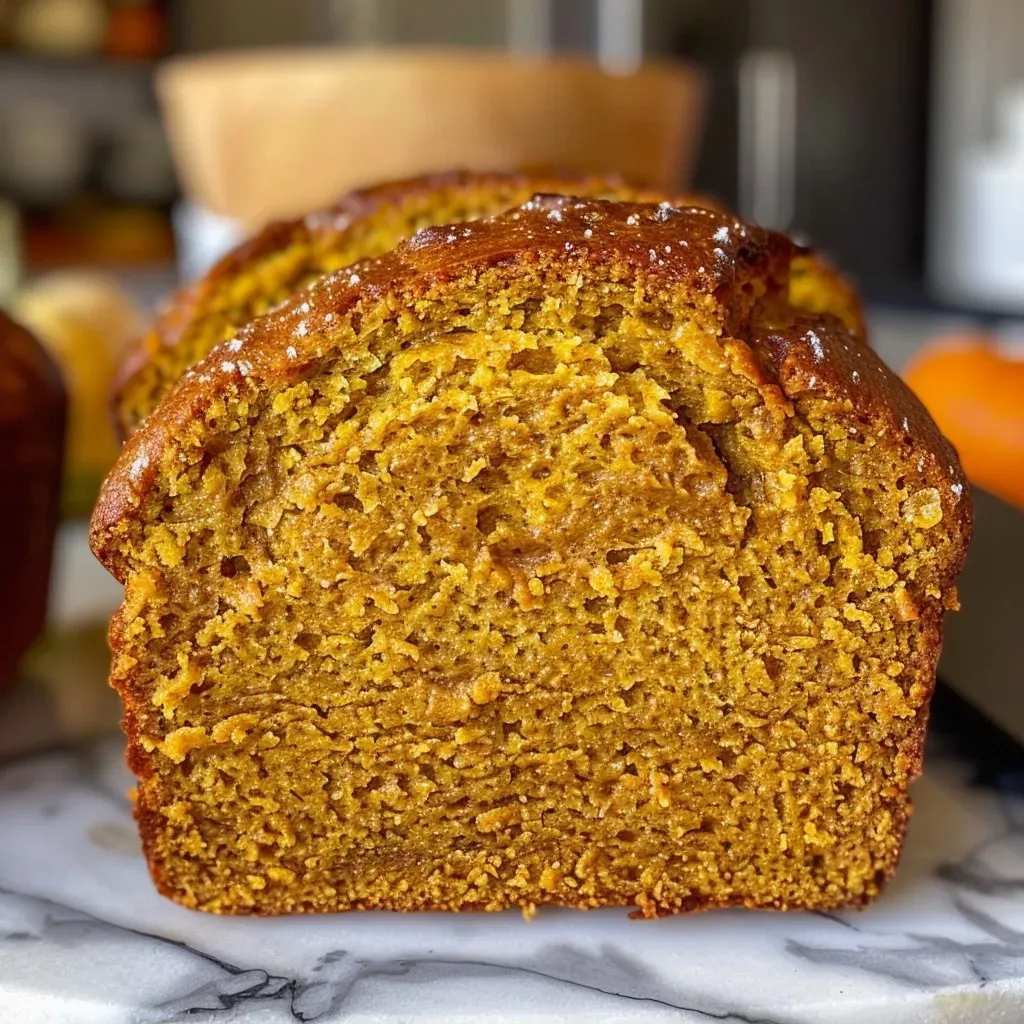 ['Close-up side view of freshly baked Pumpkin Yeast Bread.', 'Juicy, golden-brown Pumpkin Yeast Bread on a wooden surface.', 'Detailed shot of Pumpkin Yeast Bread showcasing its crust and texture.', 'Side view revealing the airy interior of Pumpkin Yeast Bread.']