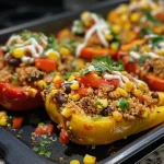 ['Juicy quinoa stuffed peppers displayed from the side, emphasizing vibrant colors of bell peppers.', 'Close-up view of quinoa stuffed bell peppers garnished and ready to serve, showcasing their filling.', 'Side view of half-cut bell peppers filled with quinoa and vegetables, highlighting their texture and ingredients.', 'A plate of colorful stuffed peppers, showcasing the mixture of quinoa, beans, and cheese inside.']