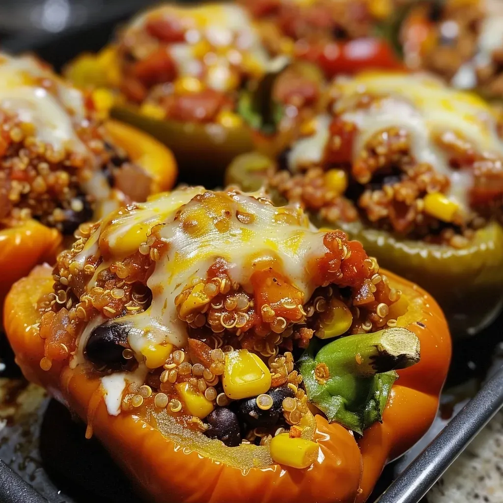 ['Juicy quinoa stuffed peppers displayed from the side, emphasizing vibrant colors of bell peppers.', 'Close-up view of quinoa stuffed bell peppers garnished and ready to serve, showcasing their filling.', 'Side view of half-cut bell peppers filled with quinoa and vegetables, highlighting their texture and ingredients.', 'A plate of colorful stuffed peppers, showcasing the mixture of quinoa, beans, and cheese inside.']