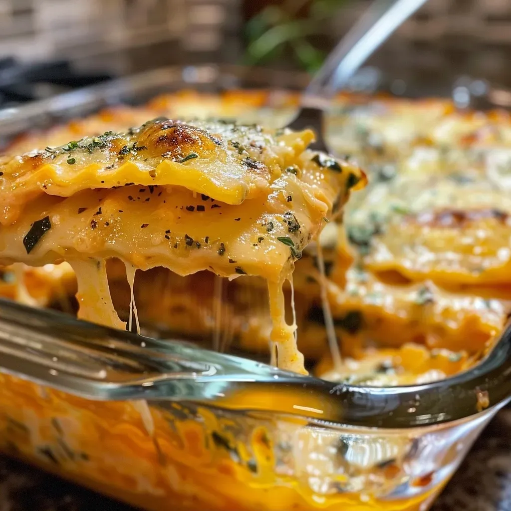 ['Close-up of a gooey slice of ravioli lasagna, showing layers of pasta and sauce.', 'Side view of a hearty butternut squash ravioli lasagna drizzled with alfredo sauce.', 'Juicy ravioli lasagna with visible layers of cheese and squash, captured on an iPhone.', 'Appetizing close-up of ravioli lasagna, highlighting the creamy texture and fresh ingredients.']
