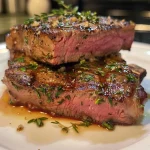 ['Juicy bone-in ribeye steak seasoned and garnished with herbs.', 'Close-up view of a perfectly cooked ribeye steak with melted butter.', 'Succulent ribeye steak on a plate, garnished with fresh parsley and herbs.', 'Side view of a ribeye steak, showing its tender, juicy texture and seasonings.']