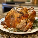 ['Juicy roast turkey breast glistening with garlic butter and herbs.', 'Close-up side view of a perfectly cooked turkey breast with herbs.', 'Succulent turkey breast garnished with minced garlic and fresh herbs.', 'A mouthwatering turkey breast with a shiny layer of herb-infused butter.']