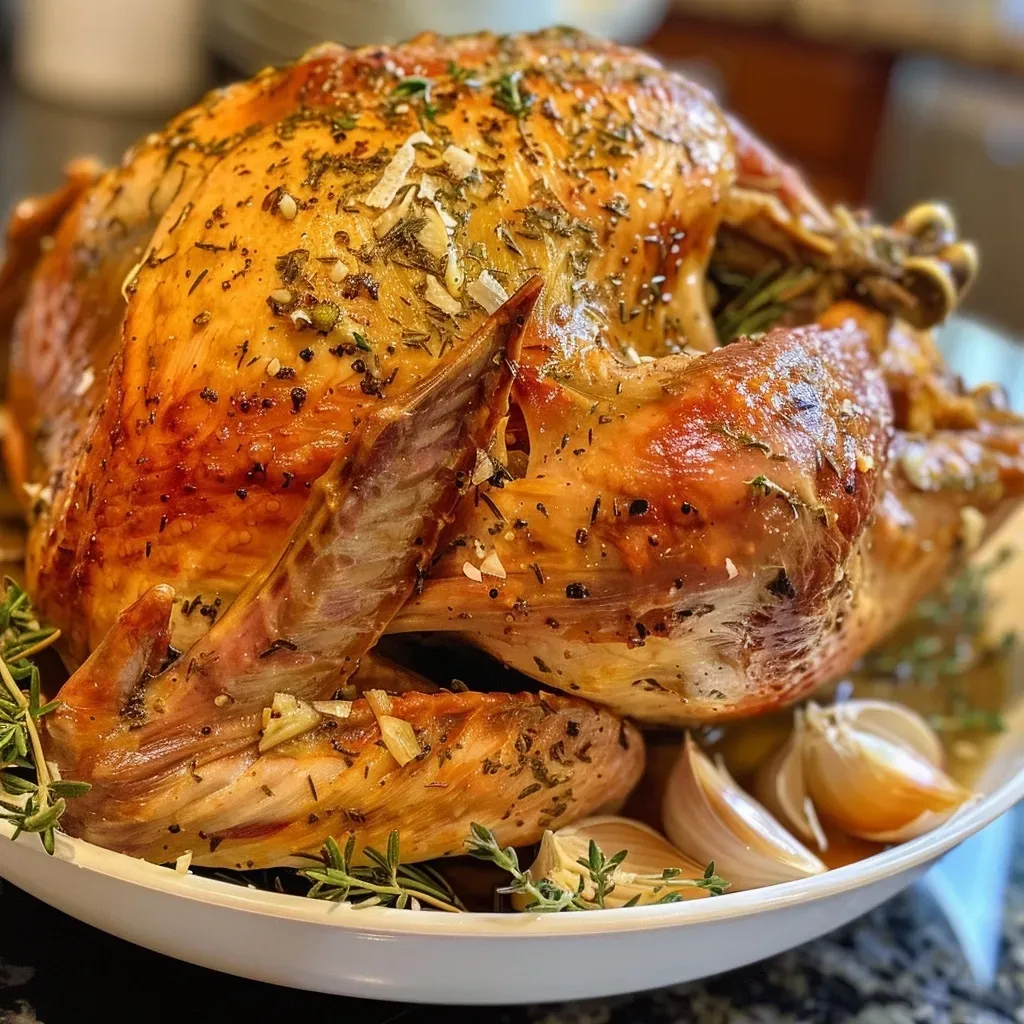 ['Juicy roast turkey breast glistening with garlic butter and herbs.', 'Close-up side view of a perfectly cooked turkey breast with herbs.', 'Succulent turkey breast garnished with minced garlic and fresh herbs.', 'A mouthwatering turkey breast with a shiny layer of herb-infused butter.']