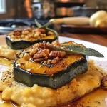 ['Juicy roasted acorn squash served on a creamy white bean mash.', 'Close-up of roasted acorn squash on a bed of white bean mash, garnished with sage.', 'Side view of acorn squash, caramelized and resting on white bean puree with herbs.', 'A vibrant dish featuring roasted acorn squash atop velvety white bean mash.']