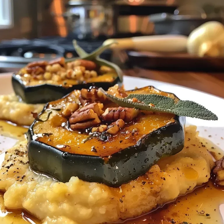['Juicy roasted acorn squash served on a creamy white bean mash.', 'Close-up of roasted acorn squash on a bed of white bean mash, garnished with sage.', 'Side view of acorn squash, caramelized and resting on white bean puree with herbs.', 'A vibrant dish featuring roasted acorn squash atop velvety white bean mash.']