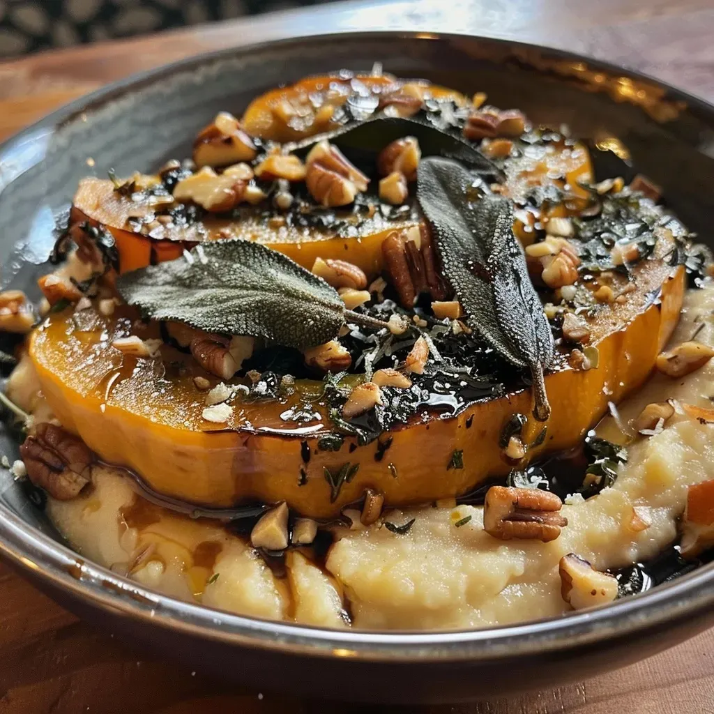 ['Juicy roasted acorn squash served on a creamy white bean mash.', 'Close-up of roasted acorn squash on a bed of white bean mash, garnished with sage.', 'Side view of acorn squash, caramelized and resting on white bean puree with herbs.', 'A vibrant dish featuring roasted acorn squash atop velvety white bean mash.']