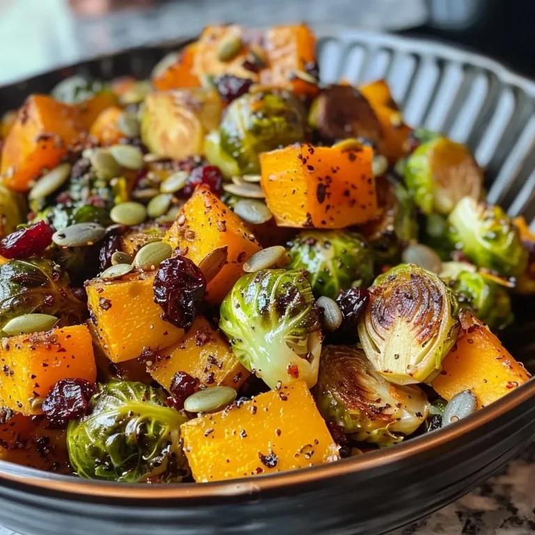 ['A side view of roasted butternut squash and Brussels sprouts, showcasing their golden brown color and caramelized edges.', 'Close-up image of roasted butternut squash cubes and halved Brussels sprouts, with visible crispy edges and a drizzle of maple syrup.', 'A vibrant arrangement of roasted Brussels sprouts and butternut squash, featuring hints of cranberries and pumpkin seeds.', 'A detailed view of a dish featuring roasted butternut squash and Brussels sprouts, topped with dried cranberries and pumpkin seeds.']