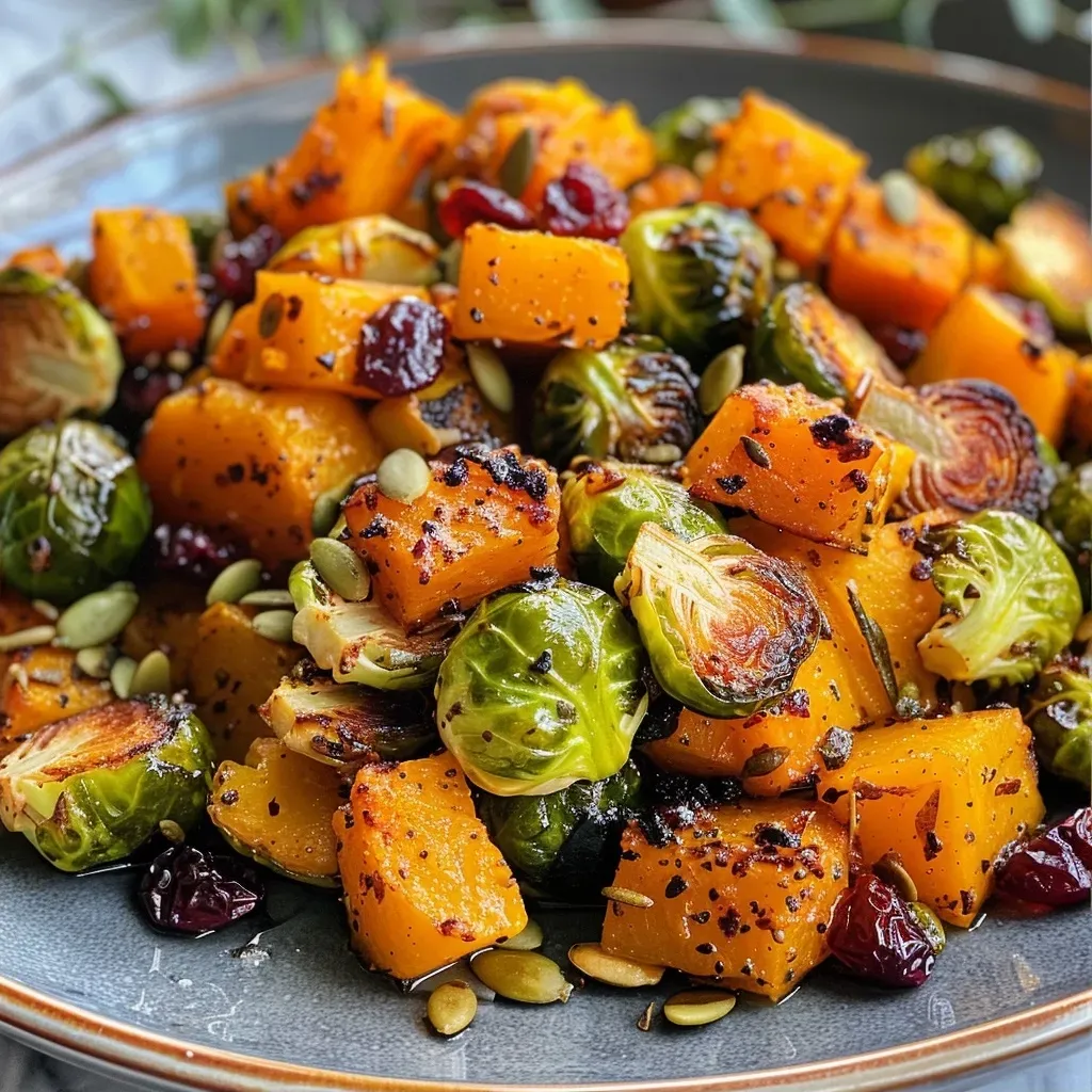 ['A side view of roasted butternut squash and Brussels sprouts, showcasing their golden brown color and caramelized edges.', 'Close-up image of roasted butternut squash cubes and halved Brussels sprouts, with visible crispy edges and a drizzle of maple syrup.', 'A vibrant arrangement of roasted Brussels sprouts and butternut squash, featuring hints of cranberries and pumpkin seeds.', 'A detailed view of a dish featuring roasted butternut squash and Brussels sprouts, topped with dried cranberries and pumpkin seeds.']
