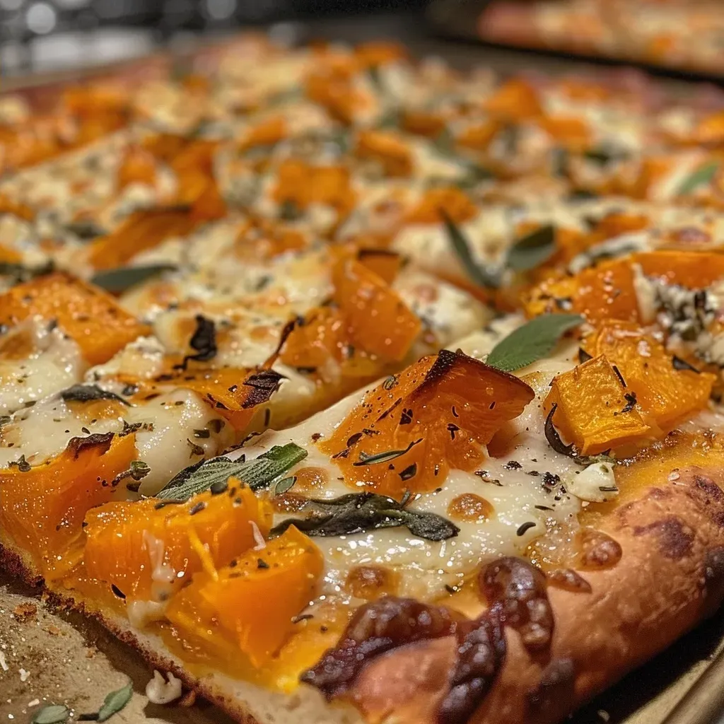 ['Close-up view of a slice of roasted butternut squash pizza topped with crispy sage.', 'Side profile of a delicious roasted butternut squash pizza with golden crust and herbs.', 'Juicy roasted butternut squash pizza showcasing toppings of ricotta and sage leaves.', 'Colorful roasted butternut squash pizza with crispy sage and a rich texture.']
