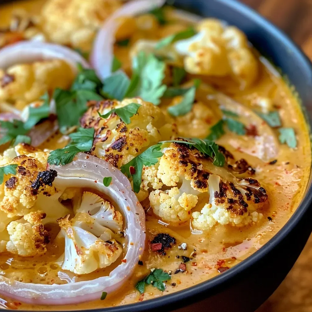 ['A close-up view of a bowl of Roasted Cauliflower Curry Soup, showcasing creamy texture and vibrant spices.', 'A side view of thick Roasted Cauliflower Curry Soup in a rustic bowl, garnished with spices and herbs.', 'A delicious serving of Roasted Cauliflower Curry Soup displayed elegantly in a white bowl.', 'Close-up image of Roasted Cauliflower Curry Soup with visible chunks of cauliflower and a rich, creamy consistency.']