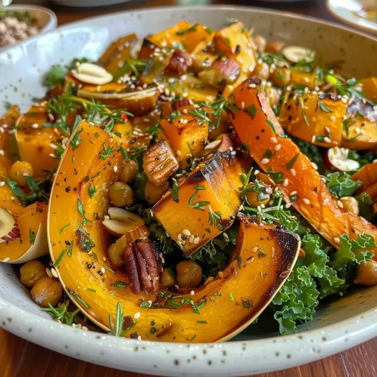 ['Close-up of a vibrant bowl of roasted delicata squash salad with crispy chickpeas and nuts.', 'A colorful salad featuring roasted delicata squash, kale, and a variety of nuts, arranged artistically.', 'Side view of a fresh salad with roasted delicata squash, crispy chickpeas, and a sprinkle of nut brittle.', 'Detailed view of a kale salad with chickpeas, roasted squash, and a mix of pumpkin and hazelnuts.']