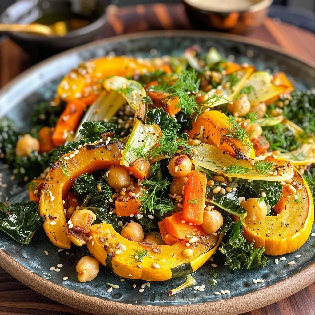 ['Close-up of a vibrant bowl of roasted delicata squash salad with crispy chickpeas and nuts.', 'A colorful salad featuring roasted delicata squash, kale, and a variety of nuts, arranged artistically.', 'Side view of a fresh salad with roasted delicata squash, crispy chickpeas, and a sprinkle of nut brittle.', 'Detailed view of a kale salad with chickpeas, roasted squash, and a mix of pumpkin and hazelnuts.']