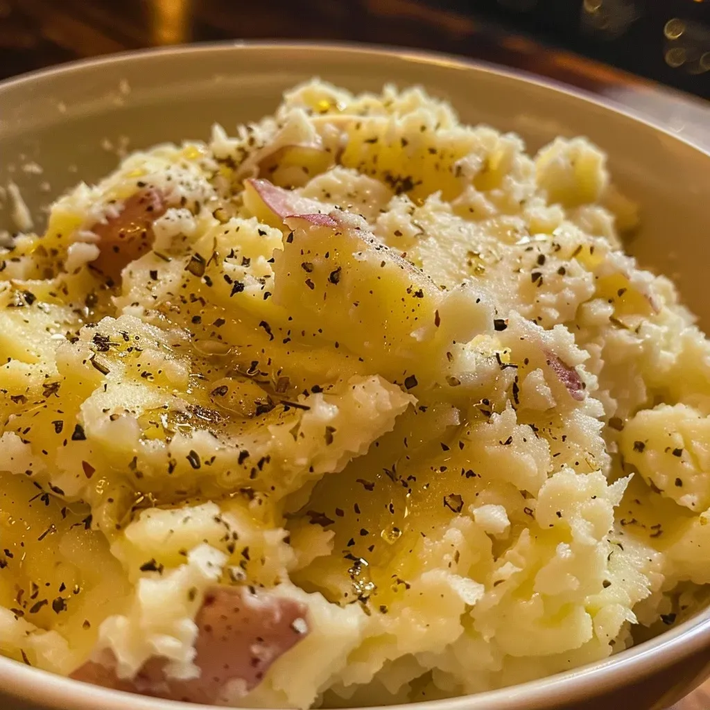['A close-up of creamy roasted garlic mashed potatoes with a golden hue, garnished with pepper.', 'Side view of fluffy mashed potatoes infused with roasted garlic, served in a bowl with a portion missing.', 'Juicy roasted garlic mashed potatoes, rich and buttery, displayed in a rustic dish.', 'Smooth and creamy mashed potatoes with visible bits of roasted garlic, set against a simple background.']
