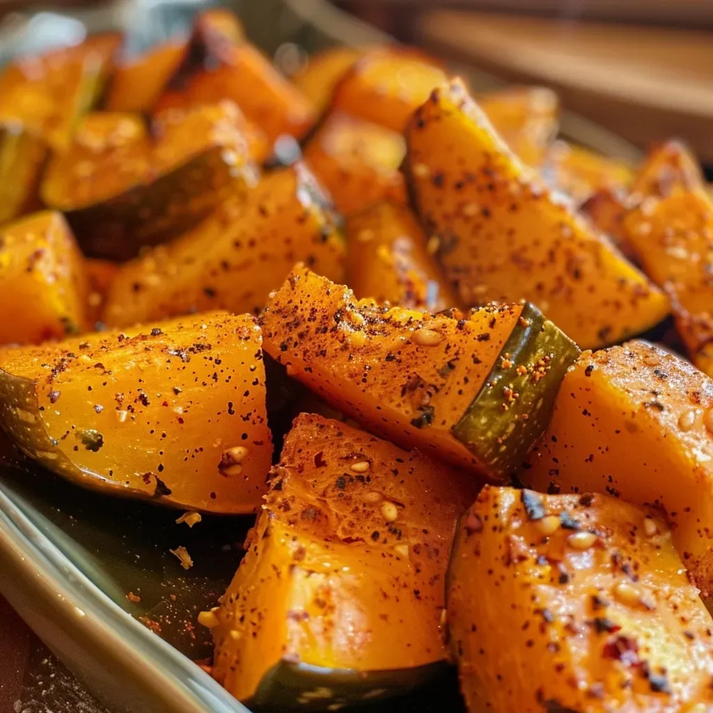 ['Close-up of roasted Kabocha squash, showcasing its rich, golden-brown exterior.', 'Side view of a juicy, caramelized Kabocha squash, perfectly roasted and inviting.', 'Detailed shot of roasted Kabocha squash pieces, glistening with olive oil and spices.', 'Visually appealing roasted Kabocha squash on a plate, emphasizing its texture and color.']