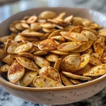 ['Close-up view of roasted pumpkin seeds coated in cinnamon sugar.', 'Side view of golden roasted pumpkin seeds in a bowl.', 'Juicy roasted pumpkin seeds sprinkled with cinnamon sugar.', 'Freshly roasted pumpkin seeds with a glossy butter coating.']