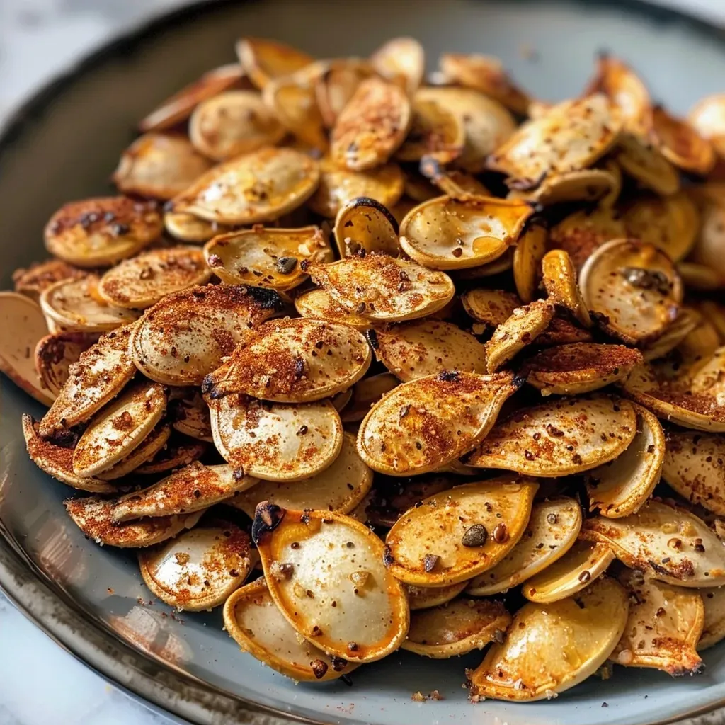 ['Close-up view of roasted pumpkin seeds coated in cinnamon sugar.', 'Side view of golden roasted pumpkin seeds in a bowl.', 'Juicy roasted pumpkin seeds sprinkled with cinnamon sugar.', 'Freshly roasted pumpkin seeds with a glossy butter coating.']