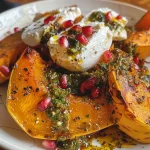 ['Close-up view of roasted pumpkin garnished with green pesto and creamy burrata.', 'Side angle of a dish featuring roasted pumpkin, pesto drizzle, and chunks of burrata cheese.', 'Juicy roasted pumpkin topped with basil pesto and fresh burrata, captured in vibrant colors.', 'Detailed look at a plate of roasted pumpkin with basil pesto and burrata cheese, showcasing ingredients.']