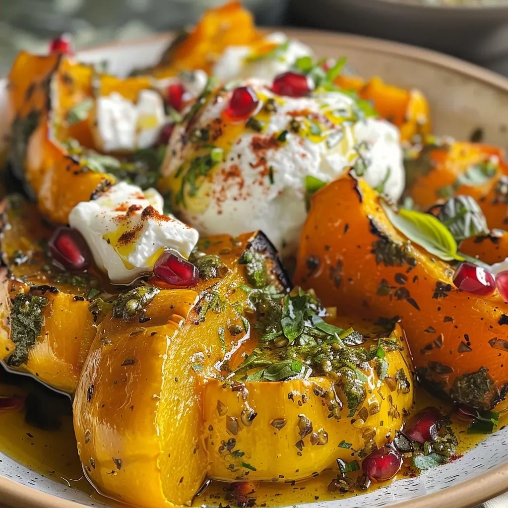 ['Close-up view of roasted pumpkin garnished with green pesto and creamy burrata.', 'Side angle of a dish featuring roasted pumpkin, pesto drizzle, and chunks of burrata cheese.', 'Juicy roasted pumpkin topped with basil pesto and fresh burrata, captured in vibrant colors.', 'Detailed look at a plate of roasted pumpkin with basil pesto and burrata cheese, showcasing ingredients.']