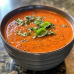 ['Close-up view of a creamy roasted red pepper and tomato soup in a bowl with fresh basil on top.', 'A side perspective of a vibrant roasted red pepper and tomato soup garnished with basil leaves.', 'Rich, velvety roasted red pepper and tomato soup showcasing roasted vegetables, with a hint of cream.', 'A delicious serving of roasted red pepper and tomato soup in a bowl, featuring a smooth texture and basil.']