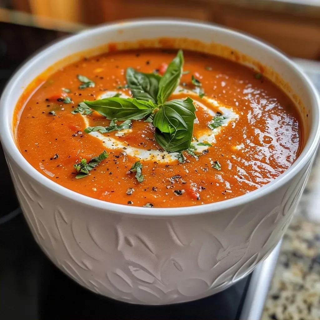 ['Close-up view of a creamy roasted red pepper and tomato soup in a bowl with fresh basil on top.', 'A side perspective of a vibrant roasted red pepper and tomato soup garnished with basil leaves.', 'Rich, velvety roasted red pepper and tomato soup showcasing roasted vegetables, with a hint of cream.', 'A delicious serving of roasted red pepper and tomato soup in a bowl, featuring a smooth texture and basil.']