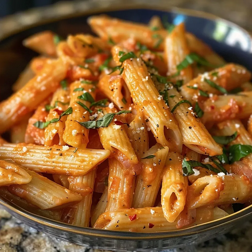 ['A close-up side view of creamy Roasted Red Pepper Pasta topped with fresh basil.', 'Juicy Roasted Red Pepper Pasta served in a bowl, showcasing vibrant red peppers and cheese.', 'A detailed shot of Roasted Red Pepper Pasta featuring rigatoni, basil, and a creamy sauce.', 'A delicious plate of Roasted Red Pepper Pasta with diced onions and garlic visible in the mix.']
