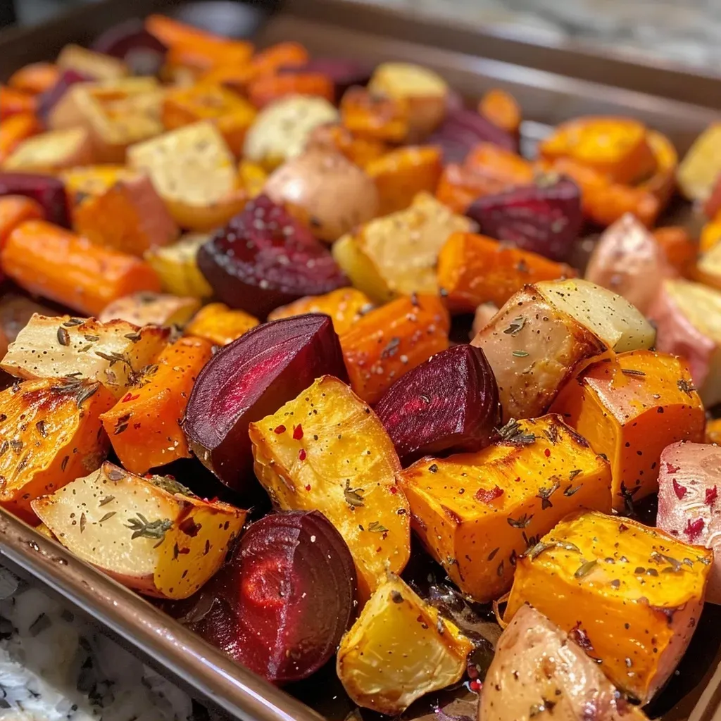 ['Close-up view of a bowl filled with vibrant roasted root vegetables, showcasing carrots, parsnips, sweet potatoes, and beets.', 'Side view of mixed roasted root vegetables on a plate, highlighting their caramelized edges and colorful textures.', 'A vibrant assortment of roasted carrots, parsnips, sweet potatoes, and beets arranged in a bowl, glistening with olive oil.', 'A close-up photo of golden roasted root vegetables, including carrots, parsnips, and beets, garnished with herbs.']