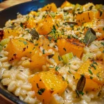 ['Close-up of Roasted Squash Risotto garnished with crispy sage leaves.', 'Side view of a creamy Roasted Squash Risotto with vibrant sage and thyme.', 'A bowl of Roasted Squash Risotto with visible chunks of squash and crispy sage.', 'Delicious Roasted Squash Risotto with fresh herbs and a golden hue from the squash.']