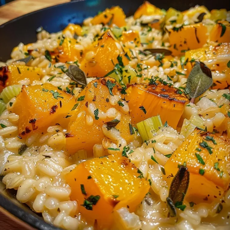 ['Close-up of Roasted Squash Risotto garnished with crispy sage leaves.', 'Side view of a creamy Roasted Squash Risotto with vibrant sage and thyme.', 'A bowl of Roasted Squash Risotto with visible chunks of squash and crispy sage.', 'Delicious Roasted Squash Risotto with fresh herbs and a golden hue from the squash.']